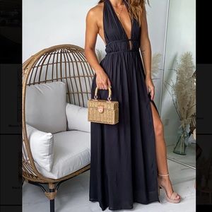 Black Halter Neck Maxi Dress with Slit